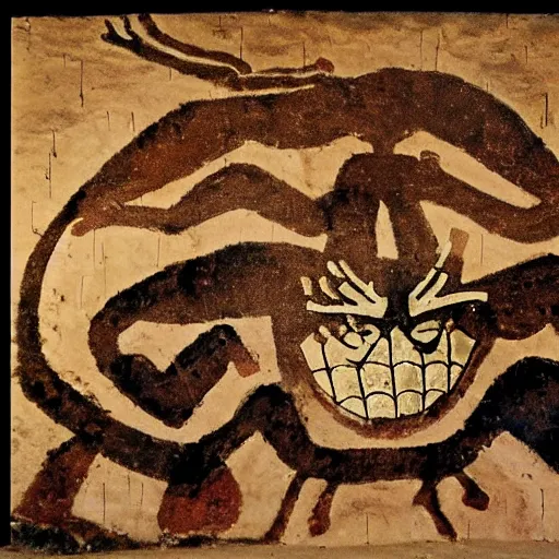 Image similar to a cave painting of spiderman, drum pads, maschine. lascaux cave paintings, chauvet