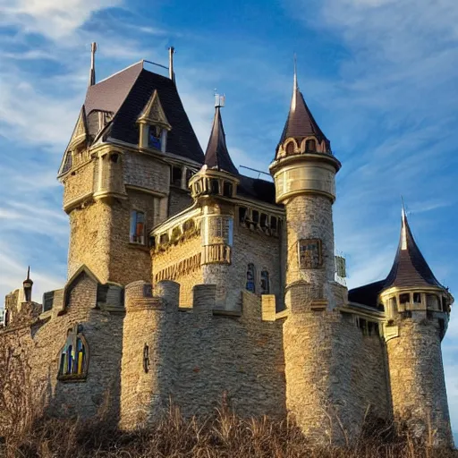 Image similar to a low angle photo of an epic newly constructed finished full size castle, backlit, sun rays coming out from behind the castle, dramatic lighting, sun glare, looming