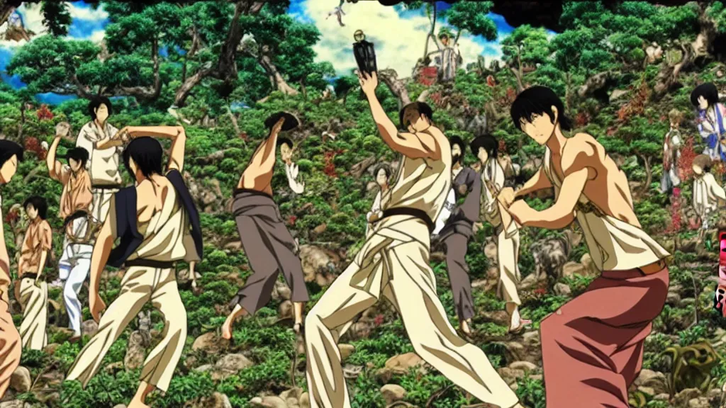 Image similar to yakuza war in the biblical garden of eden, anime film still from the an anime directed by katsuhiro otomo with art direction by salvador dali, wide lens