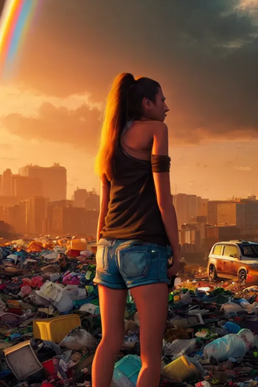 Prompt: wide photo of young woman beauty in mini short with backpack looking at food at garbage dump, destroyed cars, city is pure wasteland, moody sunset background, rays of sunlights, ( ( ( rainbow ) ) ), high details, sharp, photorealism, greg rutkowski, artgerm, unreal engine, highly detailed