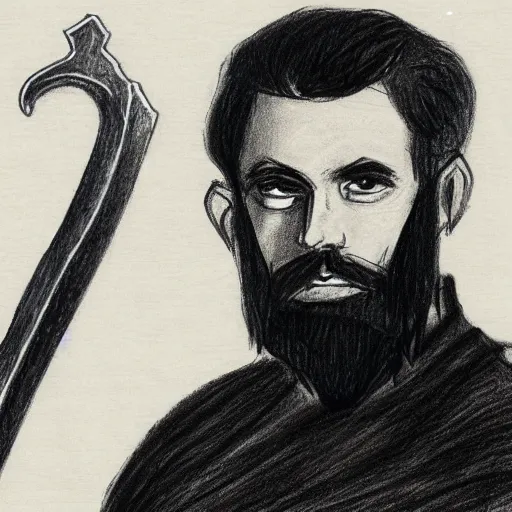 Image similar to a drawing of a man with black hair and beard wearing a black jacket, white shirt and jeans, holding a sword, cinematic