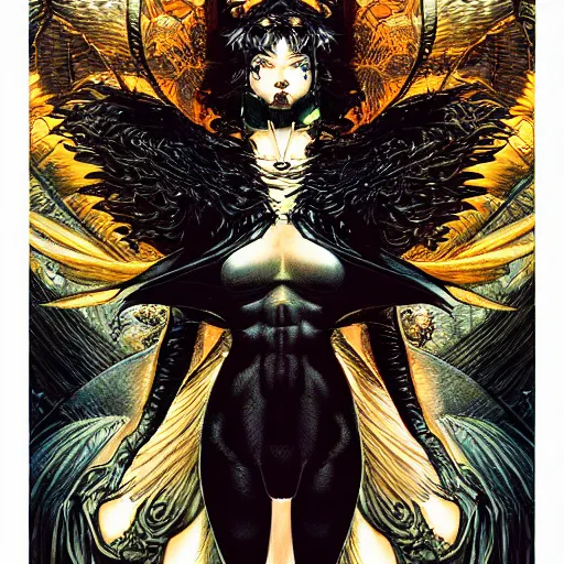 Image similar to portrait of crazy dark angel, symmetrical, by yoichi hatakenaka, masamune shirow, josan gonzales and dan mumford, ayami kojima, takato yamamoto, barclay shaw, karol bak, yukito kishiro