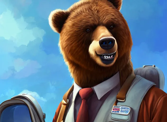 Image similar to character portrait feature of the anthro male anthropomorphic kamchatka brown bear fursona wearing airline pilot outfit uniform professional pilot for delta airlines character design stylized by charlie bowater, ross tran, artgerm, and makoto shinkai, detailed, soft lighting, rendered in octane