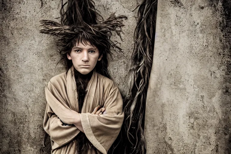 Image similar to character and environment photography, portrait shamanistic infested 1 0 - year - old male druid, messy hair, old tattered robe, medium shot, wide angle, 2 0 0 px, full front, natural light