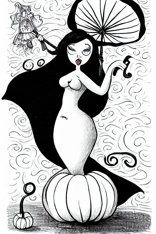 Image similar to black and white ink drawing of a beautiful curvy woman in short gothic skirt holding an umbrella next to a pumpkin by tim burton and edward gory