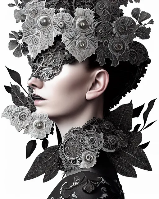 Image similar to monochrome profile portrait painting, dutch masters, silver lace floral steampunk biomechanical beautiful young female cyborg with one techno eye, volumetric light, leaves foliage and stems, hibiscus flowers, sinuous fine roots, fine foliage lace, alexander mcqueen, rim light, big gothic fashion floral pearl embroidered collar, 8 k