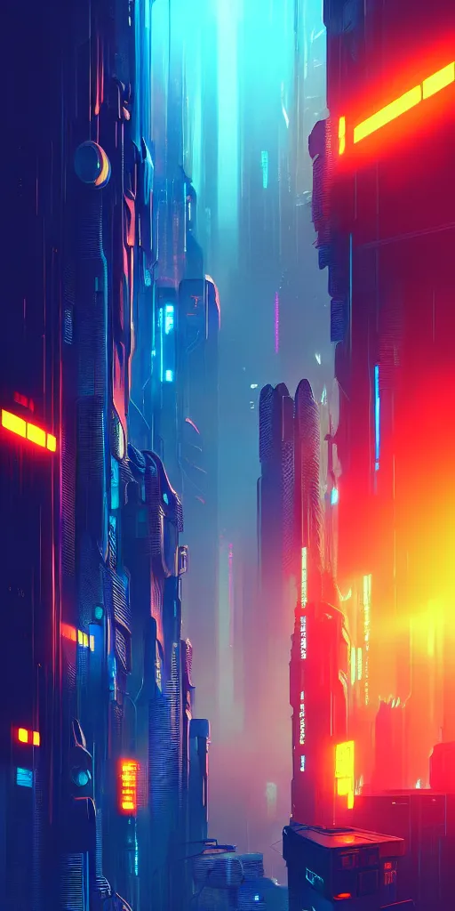Image similar to epic cyberpunk cityscape, blue and orange tones : : blade runner, james guilleard, beeple, laurie greasley, dan mcpharlin : : ornate, dynamic, particulate, rich colors, intricate, elegant, highly detailed, centered, artstation, smooth, sharp focus, octane render, 3 d