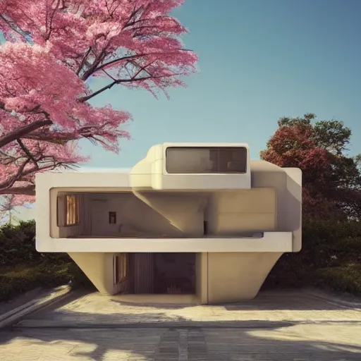 Image similar to futuristic rectangular beige house with courtyard, on a hill surrounded by big sakura trees, dramatic lighting, artstation, matte painting, raphael lacoste, simon stalenhag, frank lloyd wright, zaha hadid, drone view