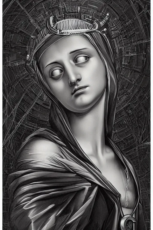 Image similar to virgin mary, cyberpunk, portrait, ultra detailed, Guido Reni style