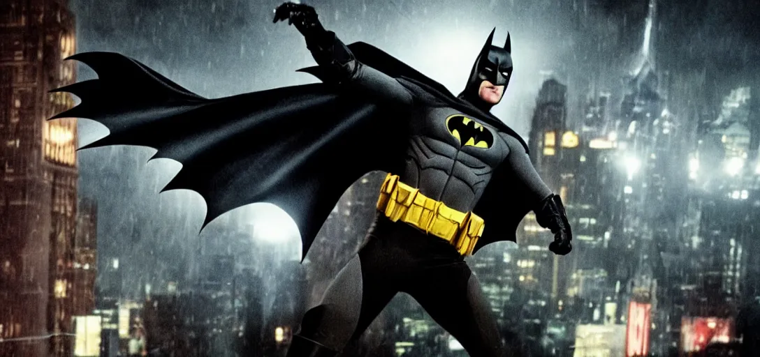 Image similar to Old Michael Keaton Batman fighting in modern Gotham city movie, 4K