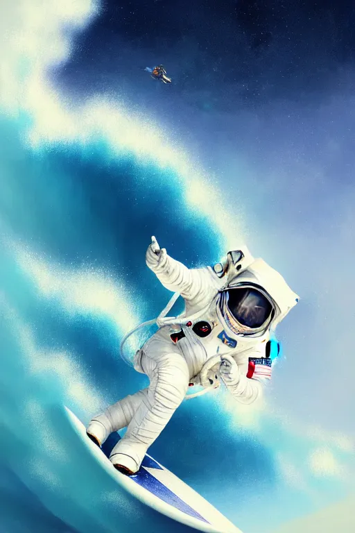 Image similar to a beautiful digital painting of an astronaut in a white space suit surfing the great wave on a surfboard by greg rutkowski, photorealistic, trending on artstation, octane render