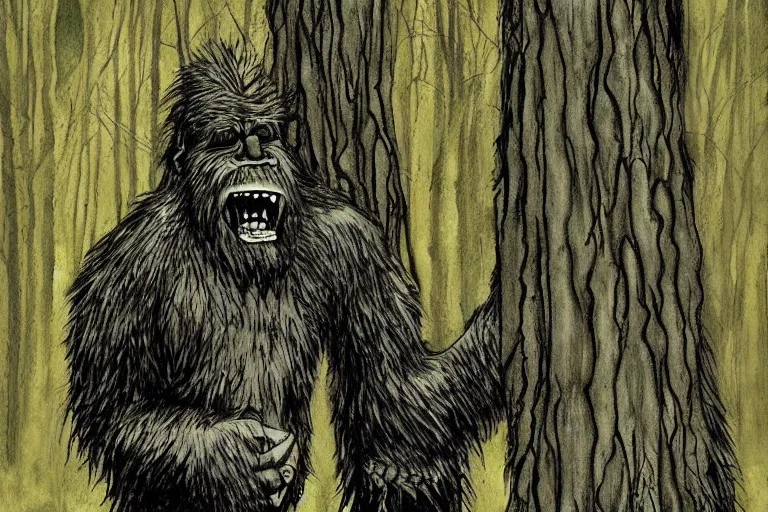 Image similar to mad bigfoot screaming in the woods artwork by ben templesmith