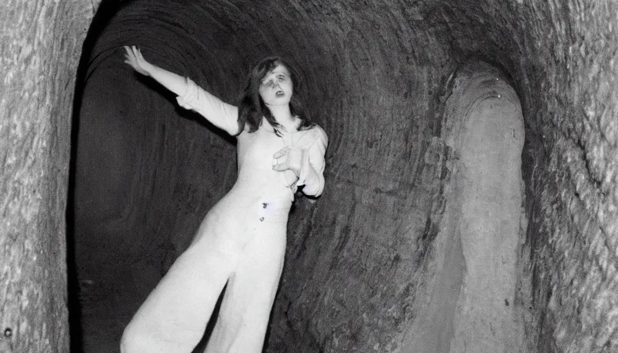 Prompt: portrait of a white female phantom with a root fingers in an empty soviet tunnel, early black and white 8mm, heavy grain, low quality,