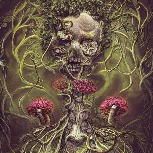 Image similar to a beautiful detailed rococo 8 0's photo of a rotten woman corpse morphing into fractal plants and fractal flowers and mushrooms, face muscles, veins, anatomical, intricate, ornate, volumetric light, beautiful lit, beetlejuice