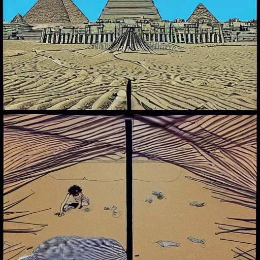 Image similar to A beautiful installation art. Wind snapped at me, warm and fragrant. The atmosphere was thick with pollen and micro-organisms, goading my body’s ancient defences. in Egypt by Naoki Urasawa, by Jean Giraud spontaneous