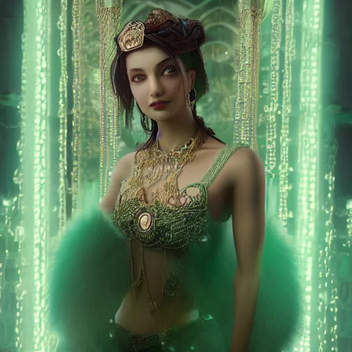 Image similar to photograph of wonderful princess with smooth fair skin, green jewelry, breathtaking, elegant, ornate, intricate, hyper detailed, accent lighting, dramatic light, 4 k octane render