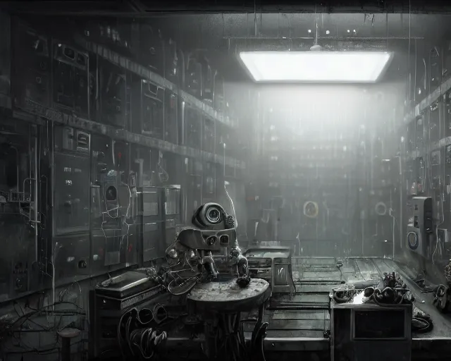 Image similar to gloomy ruined server room in datacenter robot figure automata rusty steel robot knight colossus welder pacing fixing soldering mono sharp focus, emitting diodes, smoke, artillery, sparks, racks, system unit, motherboard, by pascal blanche rutkowski repin artstation hyperrealism painting concept art of detailed character design matte painting, 4 k resolution blade runner