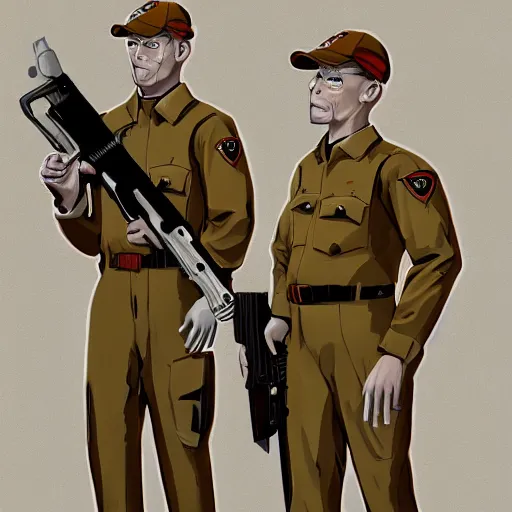 Prompt: ghoul security officers from with glowing pale red skin in vintage muted beige uniforms and caps holding bullpup rifles in a brutalist office setting trending on artstation digital painting 4 k sharp detail high quality