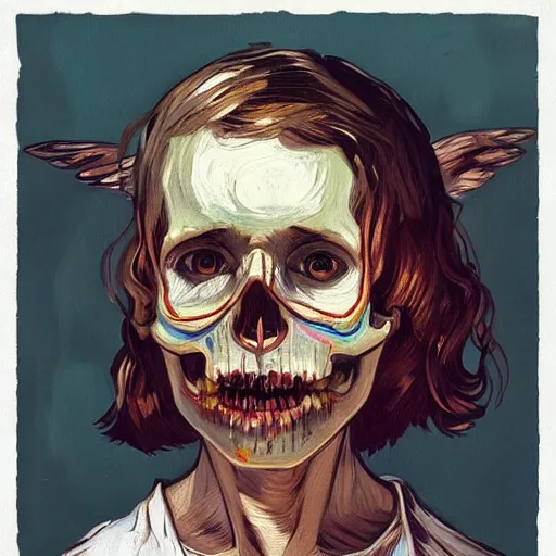 Prompt: a portrait of a child skull face, wasted youth, angel, wings, in the style of artgerm, van gogh, atey ghailan and steve mccurry, vibrant colors and hard shadows and strong rim light, lucien freud, comic cover art, trending on artstation