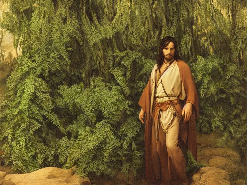 Prompt: portrait of aragorn in a desert oasis, ferns. painting by georges de la tour