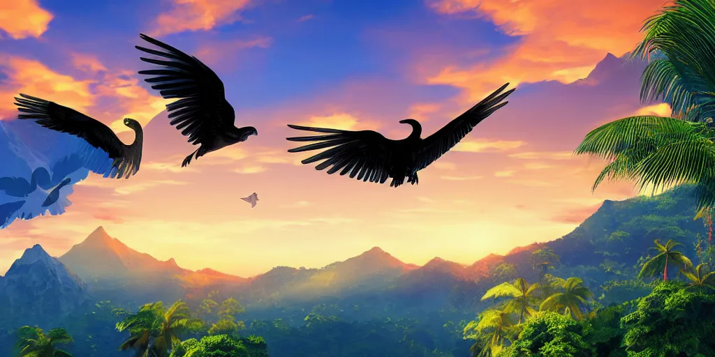 Image similar to large birds with giant wings flying over tropical islands with mountains and sunset sky, HD, 4K, digital art style