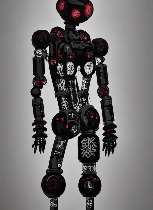 Prompt: full body portrait of a gothic style industrial punk robot with kanji tattoos and decals wearing a digital pixelated kimono, intricate design, photo - realistic, octane render, dark colour palette, ultra fine detailed, character design, trending on artstation