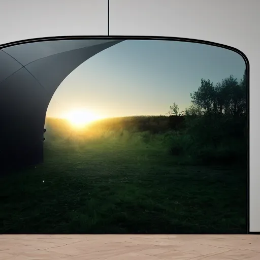 Image similar to inside camping tent interior with view to the outside alien planet through opening door with opaque walls, nature, wide angle, 12mm lens, realistic light, hyper realism, photography, volumetric fog