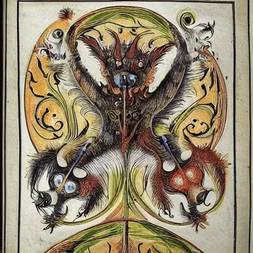 Image similar to furry freaky creature sings a unique canto about'as above so below'being ignited by the spirit of haeckel and robert fludd, breakthrough is iminent, glory be to the magic within, style of grotesques from medieval illuminated manuscripts