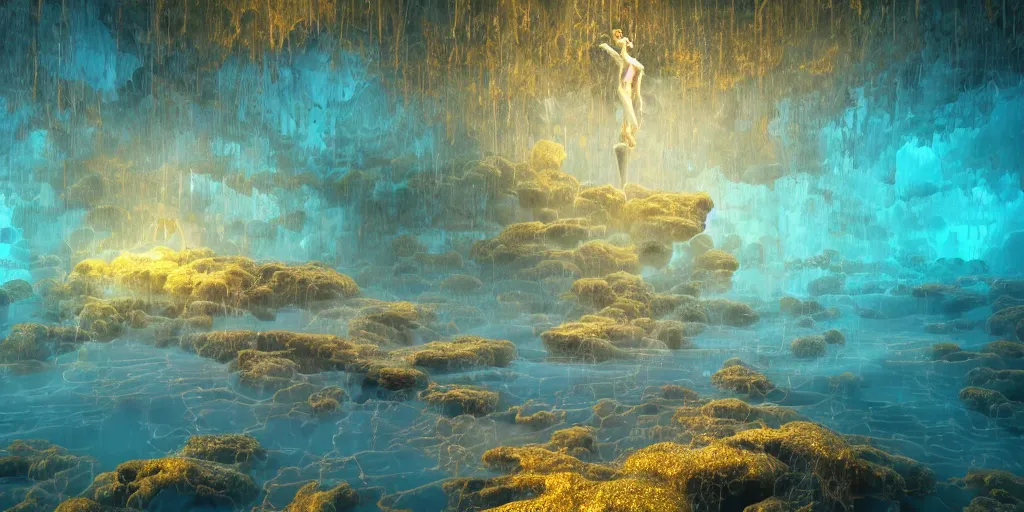 Image similar to Photorealistic symmetrical picture of a levitating floating glossy wet fungus god with arms outstretched, made from colorful wet fungus tendrils. a gentle rising mist, an epic rocky landscape. occult photorealism, UHD, amazing depth, glowing, golden ratio, 3D octane cycle unreal engine 5, volumetric lighting, cinematic lighting, cgstation artstation concept art