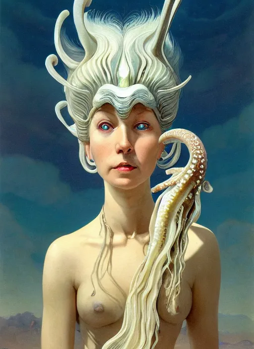 Prompt: cinematic portrait photo of the half ammonite dark crystal skeksis white haired retro woman with wet hair dressed in mother of pearl armor, biting into a juicy squid snack!!!!!!, ryden, kawase hasui, dorothea tanning, edward hopper and james gilleard, aivazovsky, beksinski, outram, artstation