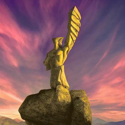 Image similar to a giant stone statue of the greek lambda symbol, epic sunset skies in the background, highly detailed digital art by jullie bell