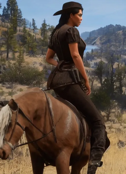 Image similar to film still of kim kardashian as Sadie Adler in rdr2.