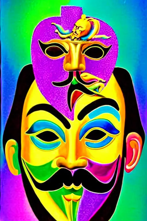 Image similar to guy fawkes mask, lisa frank + salvador dali,