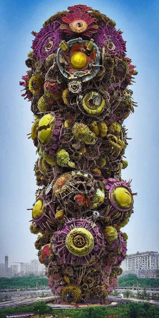 Image similar to colossal psyhedelic alien flower made from worst mankind ideas in the middle of abandoned post soviet constructivist cityscape, Stalinist architecture, ultradetailed, Intricate by Hayao Miyazaki and Josan Gonzalez and Giuseppe Arcimboldo and Wes Anderson and H.R. Giger