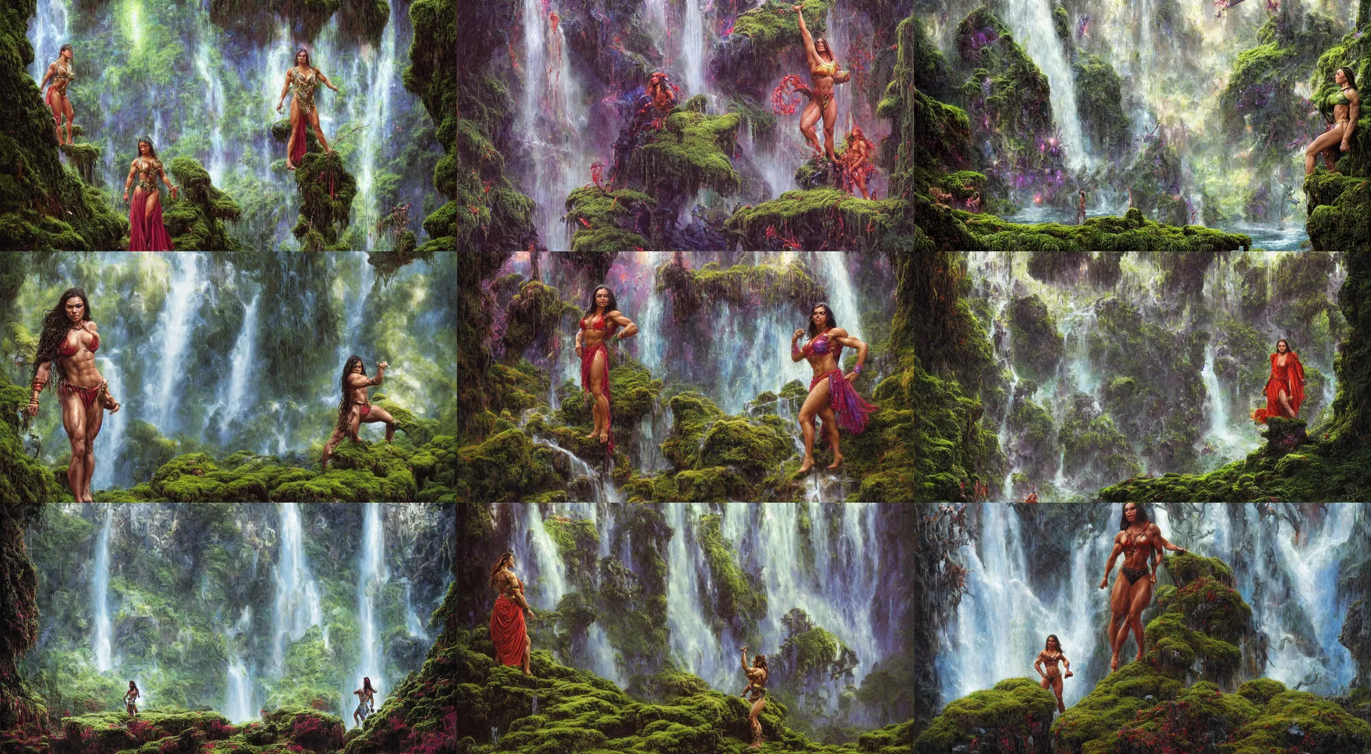 Prompt: portrait of mila kunis as a bodybuilder warrior, bright colors, sparkles, light rain, moist mossy white stones, mist from waterfall, cave glowing stones, epic composition, donato giancola, tim hildebrandt, wayne barlow, bruce pennington, larry elmore