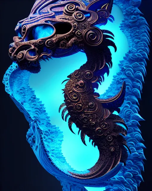 Image similar to 3 d ornate carved dark cosmic kitty with profile portrait, sigma 5 0 0 mm f / 5. beautiful intricate highly detailed quetzalcoatl skull. bioluminescent, plasma, lava, ice, water, wind, creature, thunderstorm! artwork by tooth wu and wlop and beeple and greg rutkowski, 8 k trending on artstation