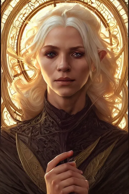 Image similar to portrait of an old blonde elven mage, dark, piercing eyes, gentle expression, elegant clothing, photorealistic, highly detailed, artstation, smooth, sharp focus, art by michael whelan, artgerm, greg rutkowski and alphonse mucha