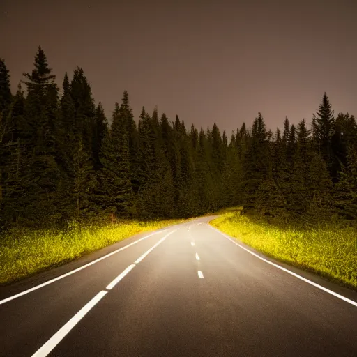 Image similar to car stopped in a road, next to forest, night time, darkness