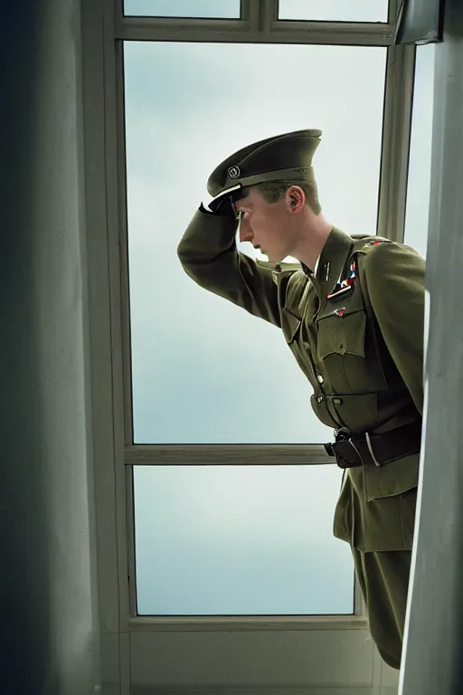 Image similar to kodak portra 5 0 mm f 4 full body portrait photography of a wwii airborne infantry soldier who's a mix of gillian anderson and adam driver, looking exhausted, setting is inside a sci fi megastructure tower looking out a window, photo by erwin olaf