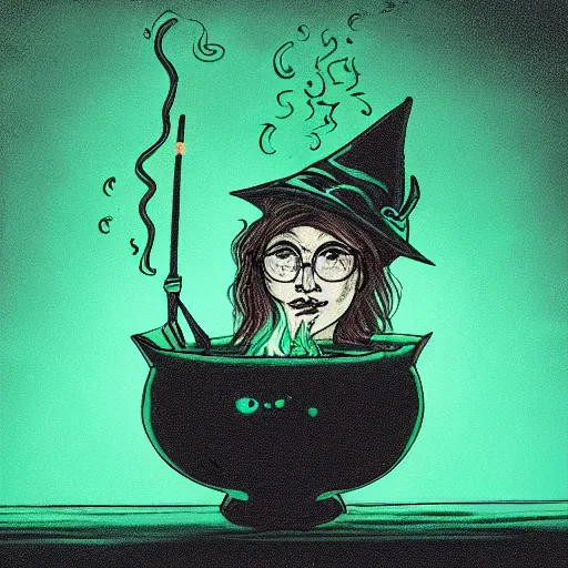 Prompt: owl, teen witch mixing a spell in a cauldron, wispy smoke, witch hat, studio photography, green glowing smoke is coming out of the cauldron, ingredients on the table, unorganized apothecary shelves in the background