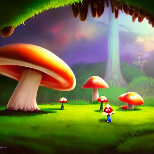 Image similar to mushroom kingdom from mario, digital art, giant green and white spotted mushrooms, at night, exotic flowers and plants, sprites, irina french, cinematic lighting, heraldo ortega, mandy jurgens trending on artstation 8 k 1 5 0 mpx