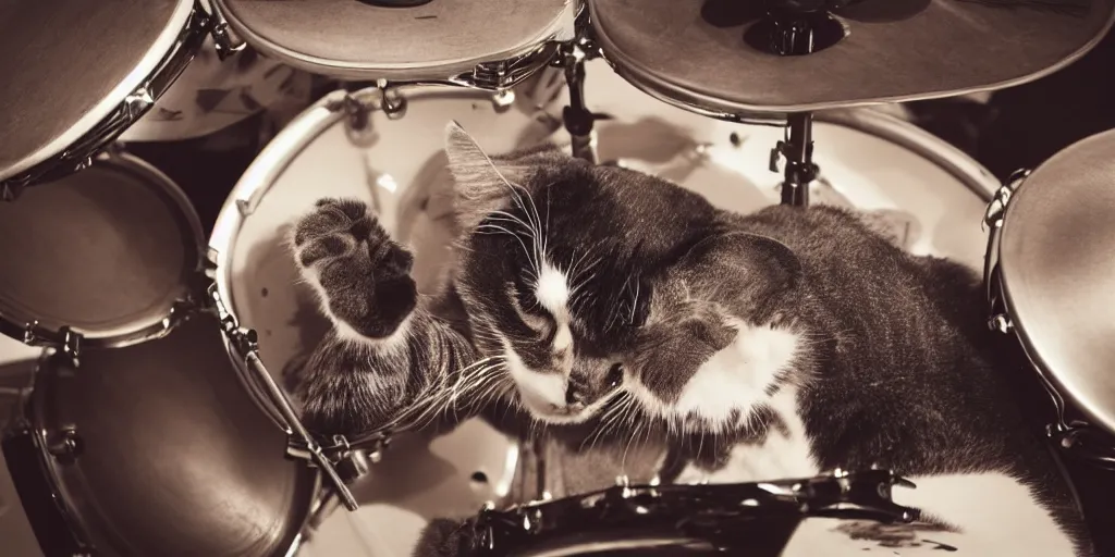 Image similar to a photo of a cat playing drums ironically and funny