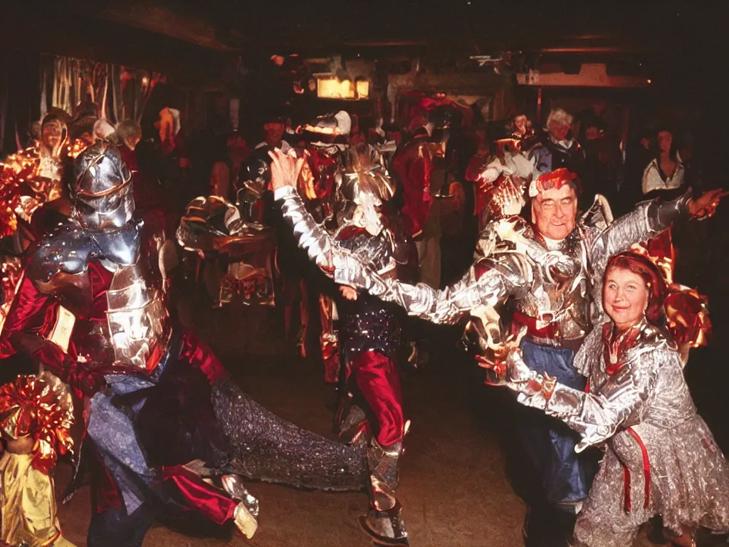 Image similar to a couple of grandparents of 1 0 0 years old wearing knight iron costume and dancing, kodachrome, backlight, add a glow around subj. edge, in twin peaks, 1 9 9 0 s