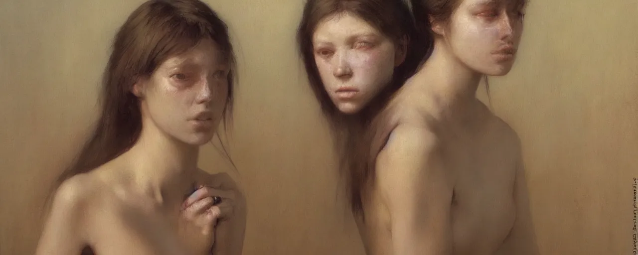 Image similar to painting of young woman by wayne barlowe, greg rutkowski, degas, detailed, stunning, realistic skin color