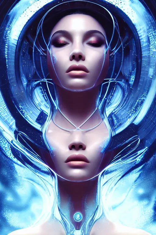 Image similar to a profile photo real render of an alluring futuristic goddess with digital modifications surrounded by a underwater ink pour and flowing liquid gallium and complex sacred geometry, perfect body and face, powerful, cinematic, beautifully lit, by artgerm, by karol bak, 3 d, trending on artstation, octane render, 8 k