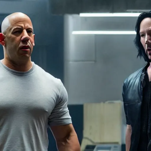 Image similar to film still of Vin Diesel as Domenic Toreto and Keanu Reeves as Brian O’Conner in Fast and the Furious