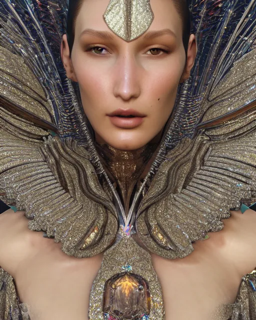 Image similar to a highly detailed metahuman 4 k close up render of bella hadid renaissance in iris van herpen dress schiaparelli in diamonds crystals swarovski and jewelry iridescent in style of alphonse mucha gustav klimt trending on artstation made in unreal engine 4