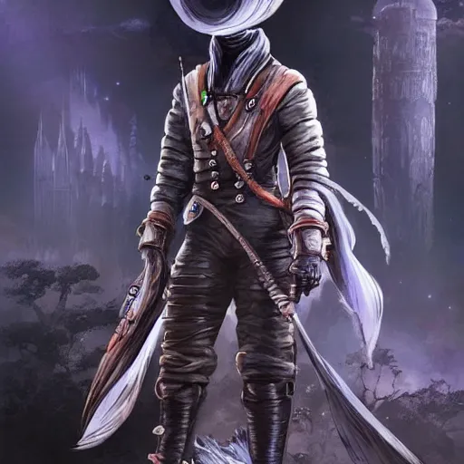 Image similar to a hunter from bloodborne wearing a spacesuit on a space station, retrofuturism, concept art by yoshiyuki tomino, behance contest winner, toonami, redshift, official art