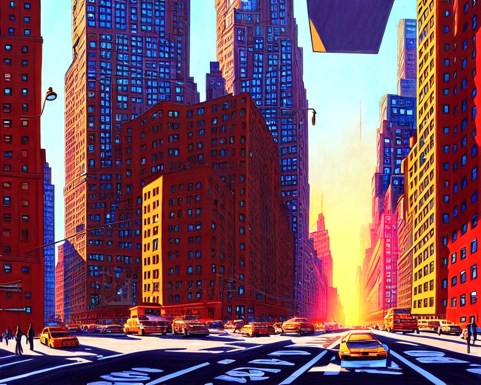 Image similar to new york in the future, city streets, golden hour, perspective artwork, photorealism