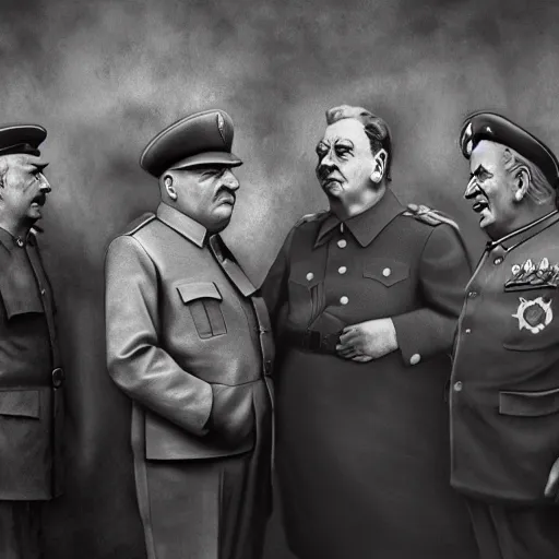 Prompt: Stalin, Churchill and Franklin Roosevelt having a wild birthday party, colorized, fantasy painting,hyperrealistic, highly detailed, depth of field, High definition, 8k, octane render, artstation